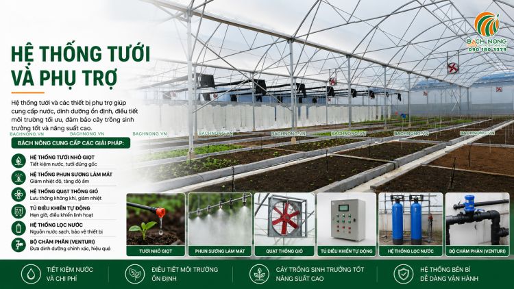 Hệ thống tưới và phụ trợ do Bách Nông cung cấp Hệ thống tưới và phụ trợ cho nhà lưới nhà màng công nghệ cao