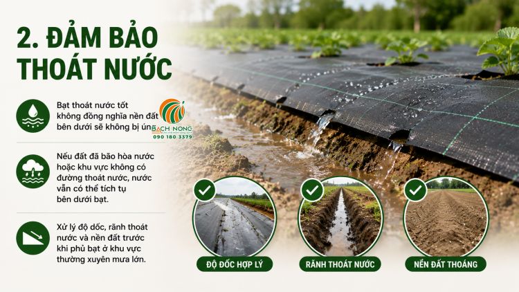 Tạo luống trồng có sử dụng bạt phủ cỏ để nước thoát nhanh không tích tụ dưới bạt