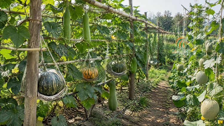Dùng lưới để đỡ quả bí có kích thước lớn và cố định vào khung chịu lực