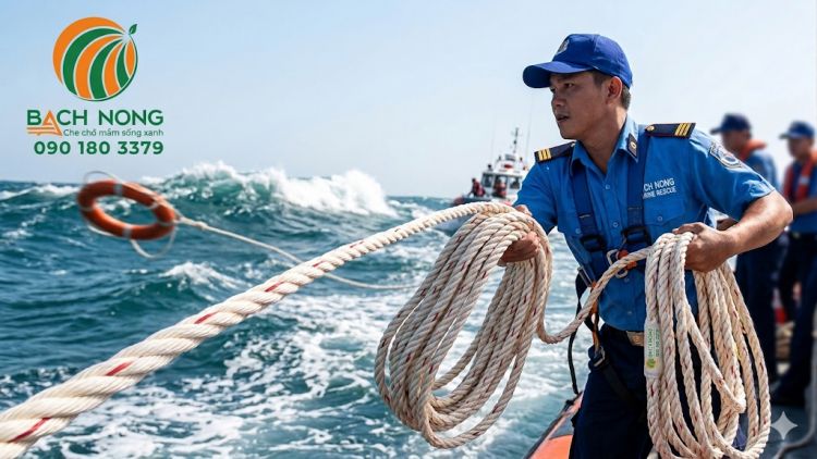 Nhân viên cứu hộ cầm dây thừng PP quăng phao cứu hộ trên biển