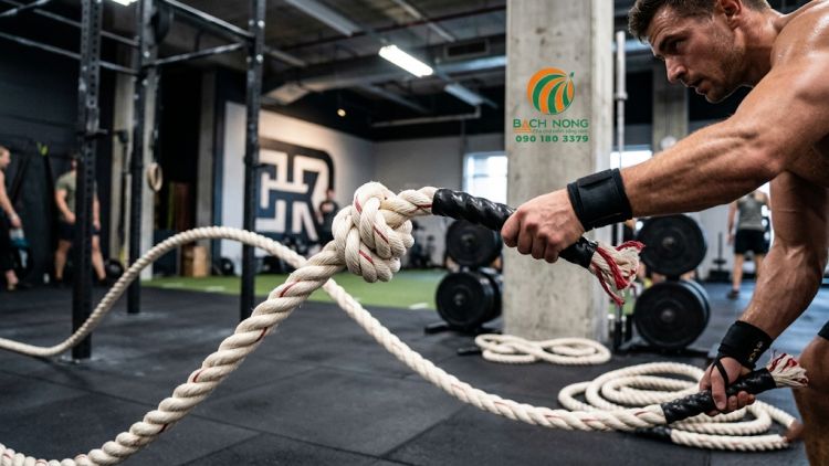 Người đàn ông tập battle rope với dây thừng PP Bách Nông
