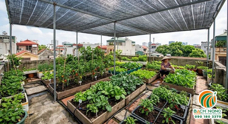 Hệ thống lưới che nắng Thái Lan màu đen bảo vệ vườn rau sạch xanh tốt trên sân thượng