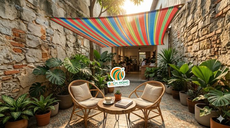 Lưới che nắng đa sắc cao cấp lắp đặt kiểu cánh buồm hiện đại cho quán cafe