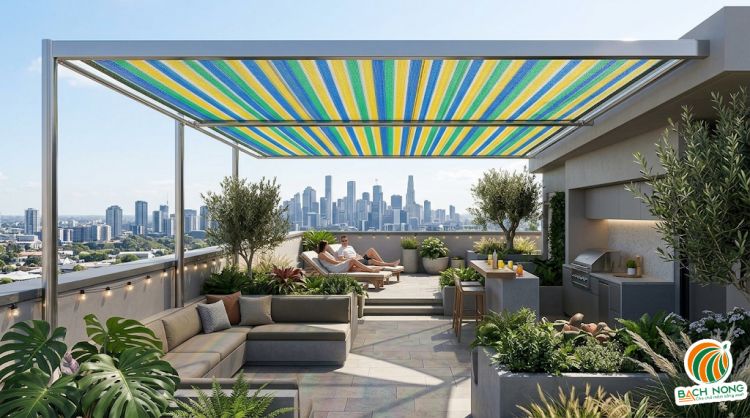 Tấm lưới che nắng đa sắc giúp tạo điểm nhấn cho ban công, sân thượng Tấm lưới che nắng đa sắc giúp tạo điểm nhấn cho ban công, sân thượng