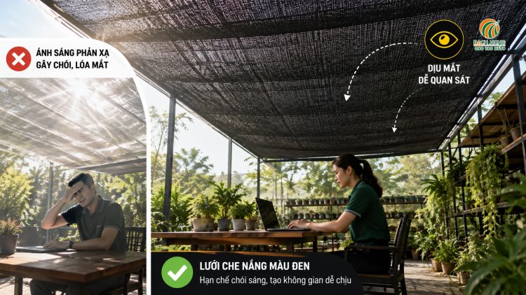 Lưới che nắng màu đen giúp hạn chế hiện tượng chói sáng khi sử dụng ngoài trời