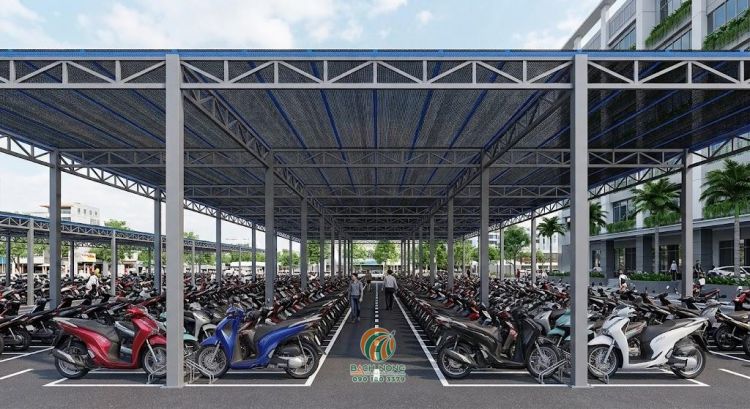 Bảng vẽ thiết kế 3D lưới che nắng cho bãi giữ xe khi nhìn ngang