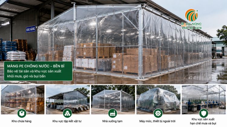 Kho bãi được che phủ bằng màng PE trong suốt bảo vệ hàng hóa khỏi mưa và bụi.