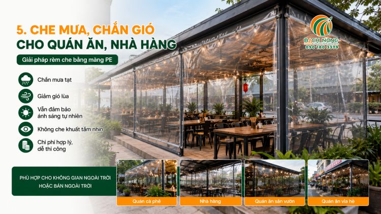 Quán ăn ngoài trời sử dụng màng PE trong suốt để che mưa và chắn gió