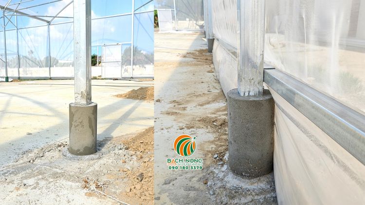 Chân trụ nhà màng được đổ bê tông chắc chắn, chống nước