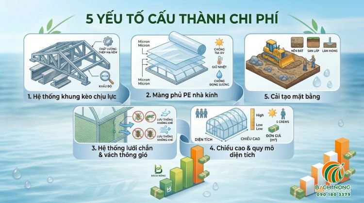 Sơ đồ infographic 5 yếu tố cấu thành chi phí làm nhà màng nuôi tôm chi tiết