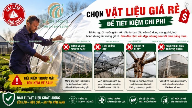 Chọn vật liệu kém chất lượng làm nhà màng Chọn vật liệu kém chất lượng cho nhà màng làm phát sinh thêm nhiều chi phí sửa chữa