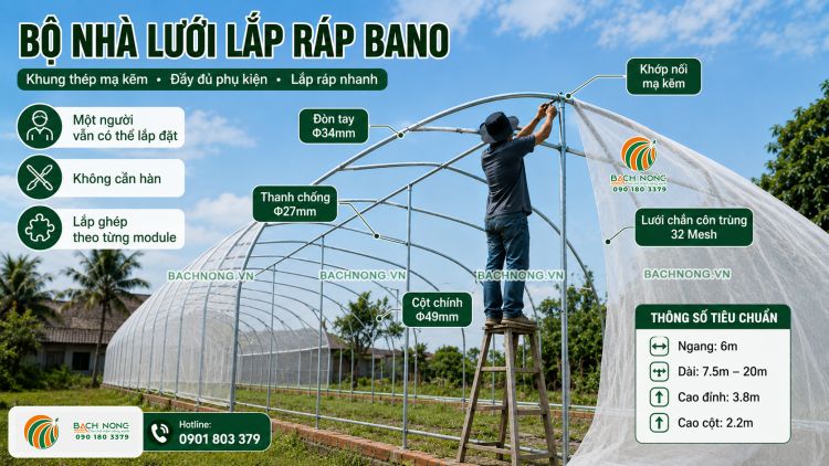 Một người đang lắp đặt lưới chắn côn trùng cho bộ nhà lưới lắp ráp BANO