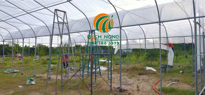 Hình ảnh nhân viên thi công phần mái cho nhà màng trồng dưa lưới