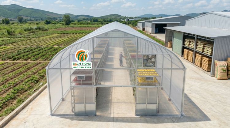 Mẫu nhà màng phơi sấy nông sản diện tích 100m2 do Bách Nông thi công trong 4 ngày