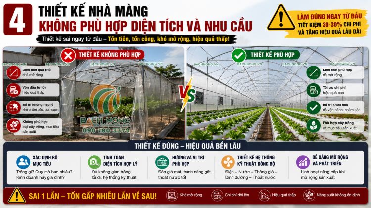 Sai lầm khi thiết kế nhà màng thủy canh không đúng quy mô Thiết kế nhà màng không phù hợp diện tích và nhu cầu sử dụng