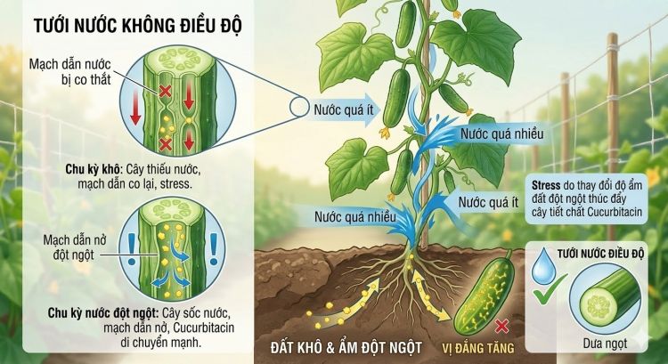 Tác hại của việc tưới nước không đều đến hàm lượng Cucurbitacin trong quả dưa