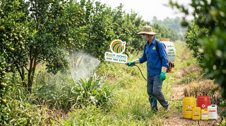 Người nông dân phun thuốc diệt cỏ hóa học trong vườn cây ăn quả kèm theo các rủi ro về sức khỏe và môi trường