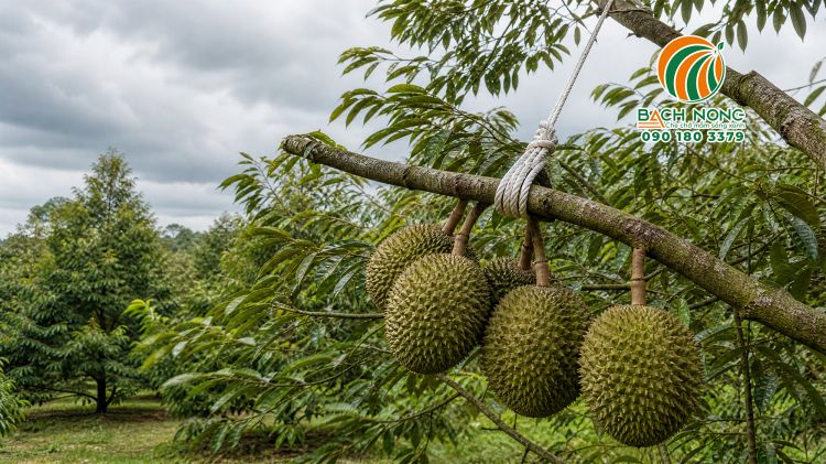 Cành sầu riêng mang nhiều trái được cột dây để giảm võng và rung lắc khi có gió mạnh
