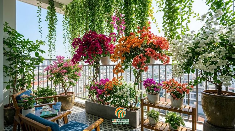 Ban công trồng hoa giấy nhiều màu sắc để che nắng 
