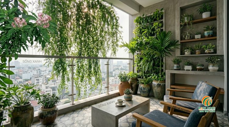 Cúc tấn Ấn Độ leo rủ tạo thành 1 bức rèm chống nắng nóng cho ban công hướng tây