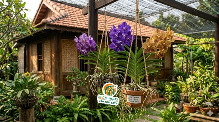 Lan Vanda tím và vàng mọc treo khoe dáng thanh cao sang trọng tại vườn lan