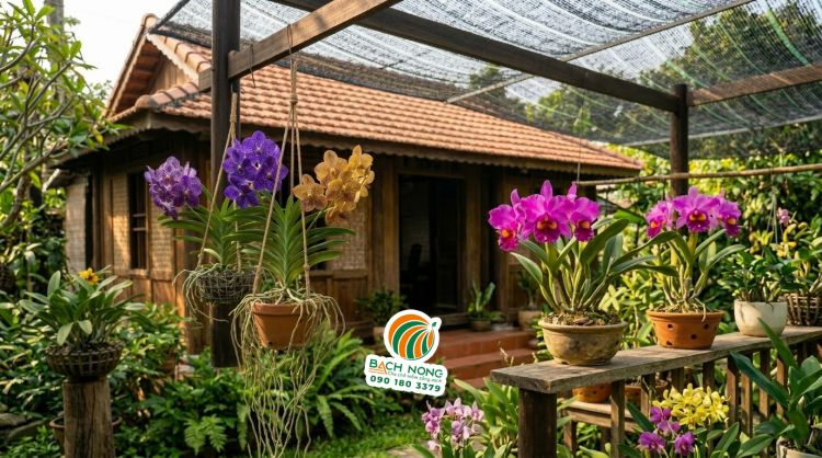 Hình ảnh chậu hoa lan Vanda mọc treo và lan Cattleya màu hồng tại vườn lan ngoài trời