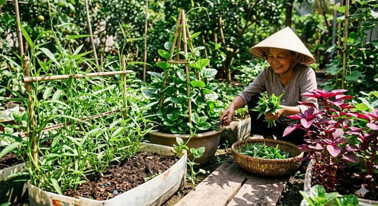 Các loại rau trồng mùa hè ăn lá chịu nhiệt tốt như rau muống, rau dền và mồng tơi