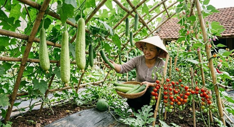 Các loại rau ăn quả và cây leo giàn chịu nhiệt tốt như mướp, dưa leo và cà chua bi cho mùa hè