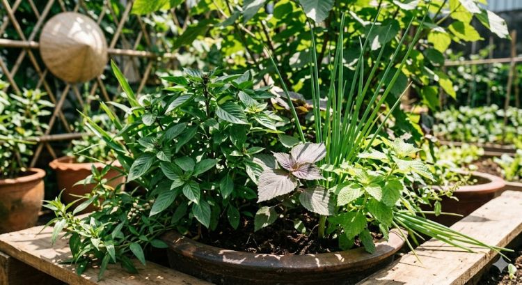 Các loại rau gia vị mùa hè chịu nhiệt tốt như húng quế, tía tô, kinh giới và hành lá